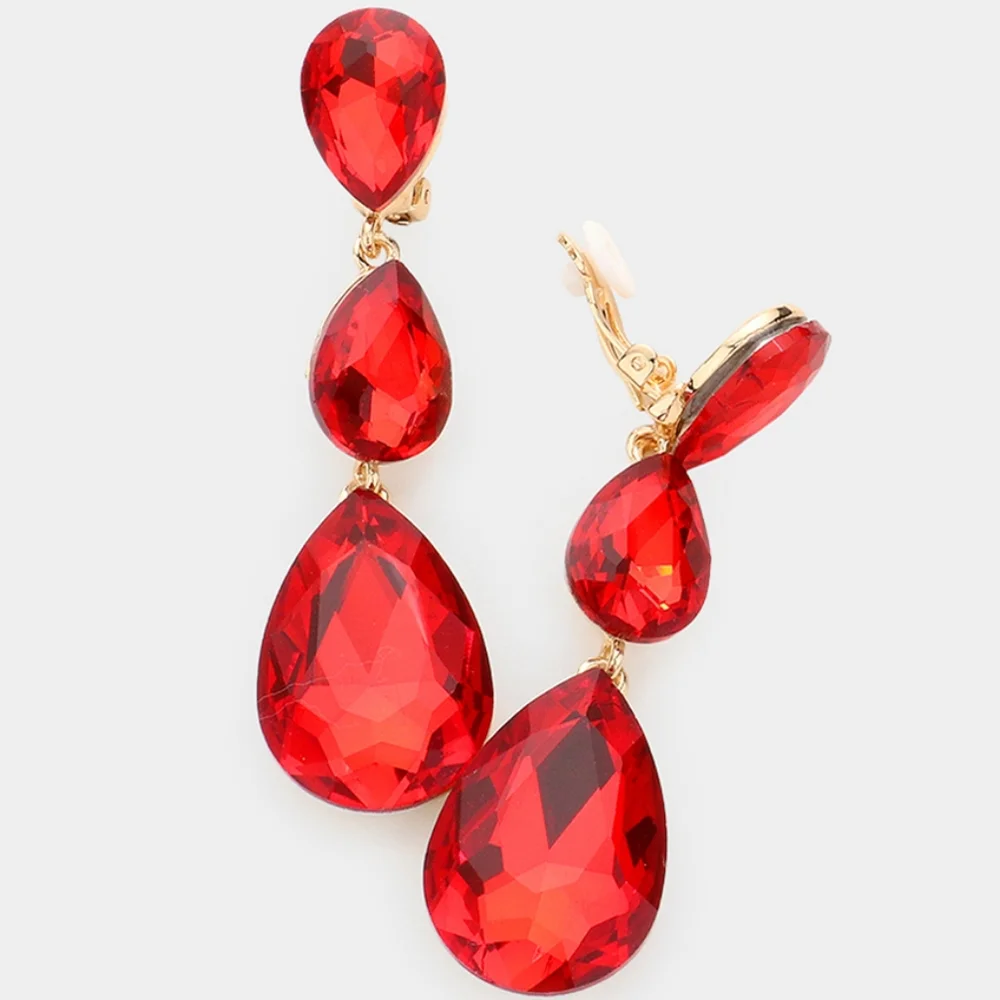 Red Dangle Crystal Clip On Earrings 3 Inch Triple Tear Drop ClipOns Jewelry